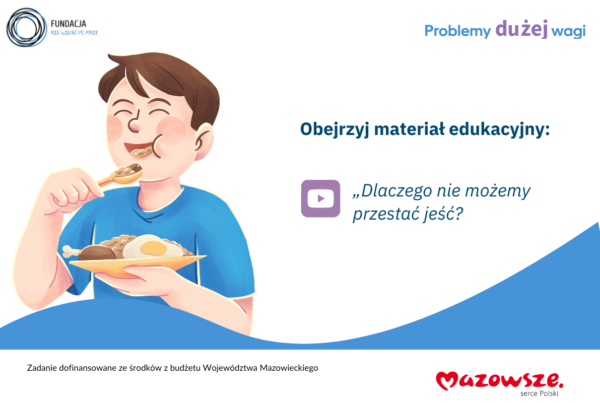 Dlaczego nie możemy przestać jeść. Grafika rysunkowa - kilkuletni chłopiec uśmiechnięty z talerzem pełnym jedzenia