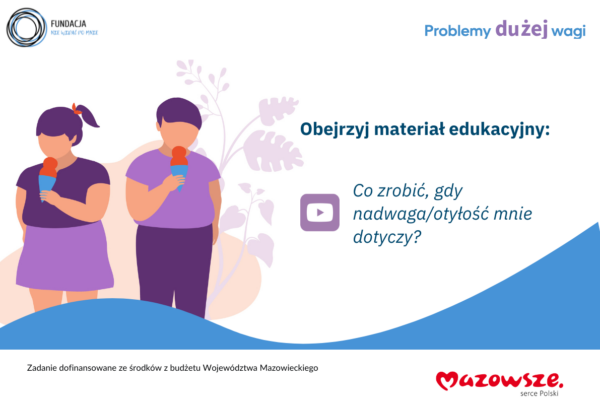 Co zrobić, gdy nadwaga lub otyłość mnie dotyczy. Rysunek chłopca i dziewczynki z nadwagą jedzących lody
