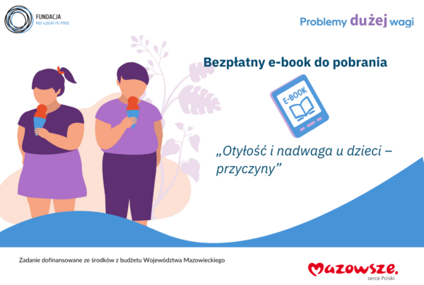 Otyłość i nadwaga u dzieci - przyczyny. Grafika rysunkowa chłopiec i dziewczynka o większej masie ciała jedzą lody