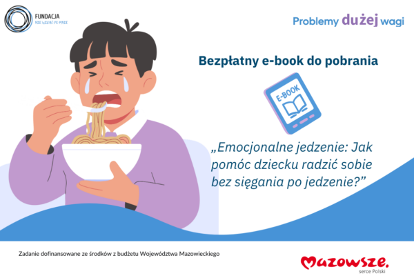Emocjonalne jedzenie u dzieci. Rysunek obrazujący płaczącego chłopca z miseczką jedzenia i łyżką kierowaną do buzi