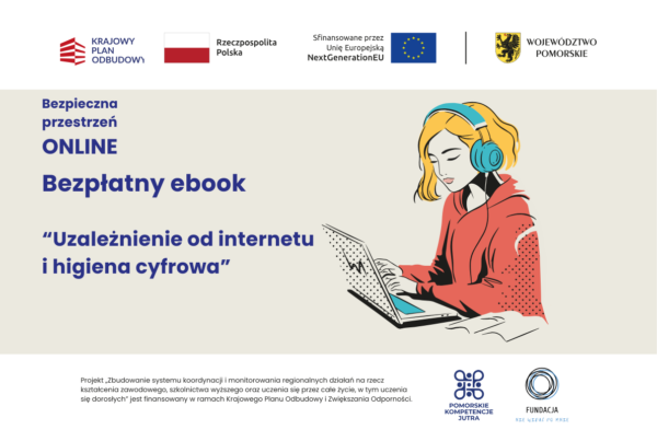 Bezpłatny ebook - uzależnienie od internetu i higiena cyfrowa. Rysunek nastolatki w blond włosach i czerwonej bluzie przed laptopem i ze słuchawkami na uszach