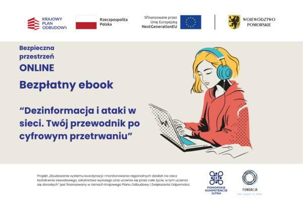 Dezinformacja i ataki w sieci. Grafika rysunkowa - nastolatka z jasnymi włosami przy laptopie słucha muzyki