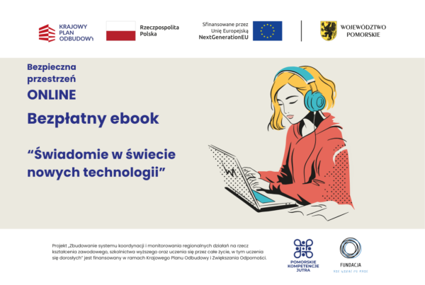 Świadomie w świecie nowych technologii - ebook. Na rysunku nastolatka w czerwonej bluzie pracuje na laptopie ze słuchawkami na uszach