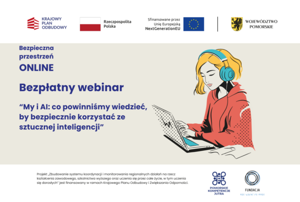 Bezpłatny webinar: My i AI. Grafika rysunkowa z nastolatką przy laptopie ze słuchawkami na uszach